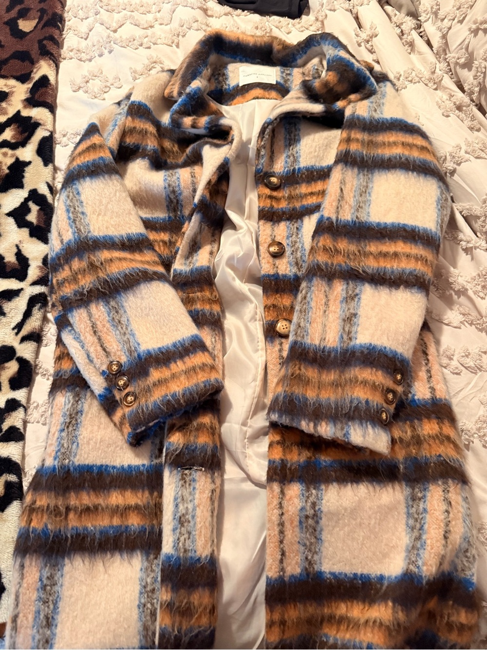 Womens Plaid Long Coat in Cream, Blue & Brown